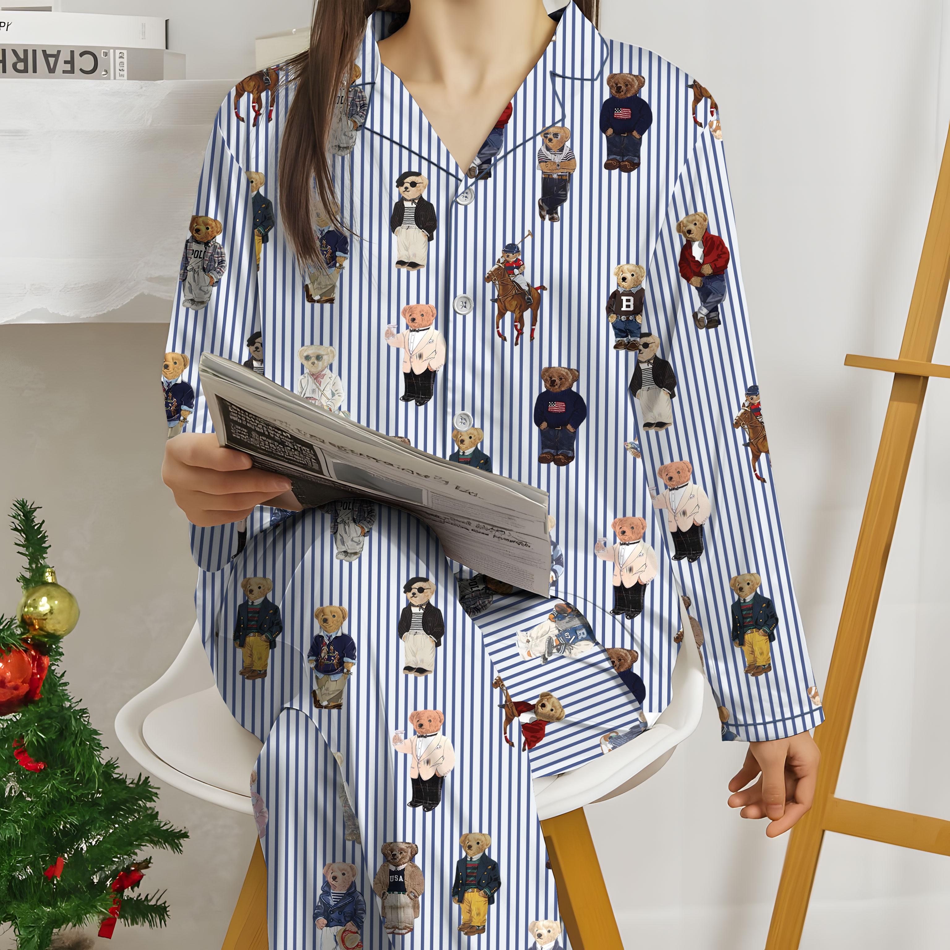 Pajamas Set for Women, Pajamas Bear Set for Women, Cute Bear Print Pajamas, Casual Long Sleeve Shirt & Elastic Pants, Soft Stretch Fabric, Comfortable