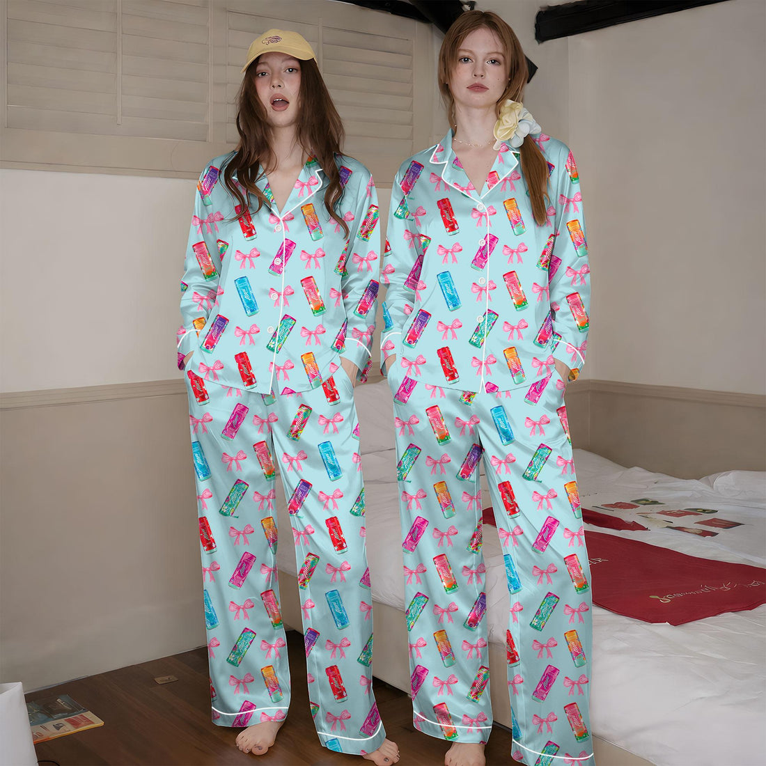 Energy Drink Satin Pajama Set for Women – Summer Drink Print Silky Button Up Sleepwear