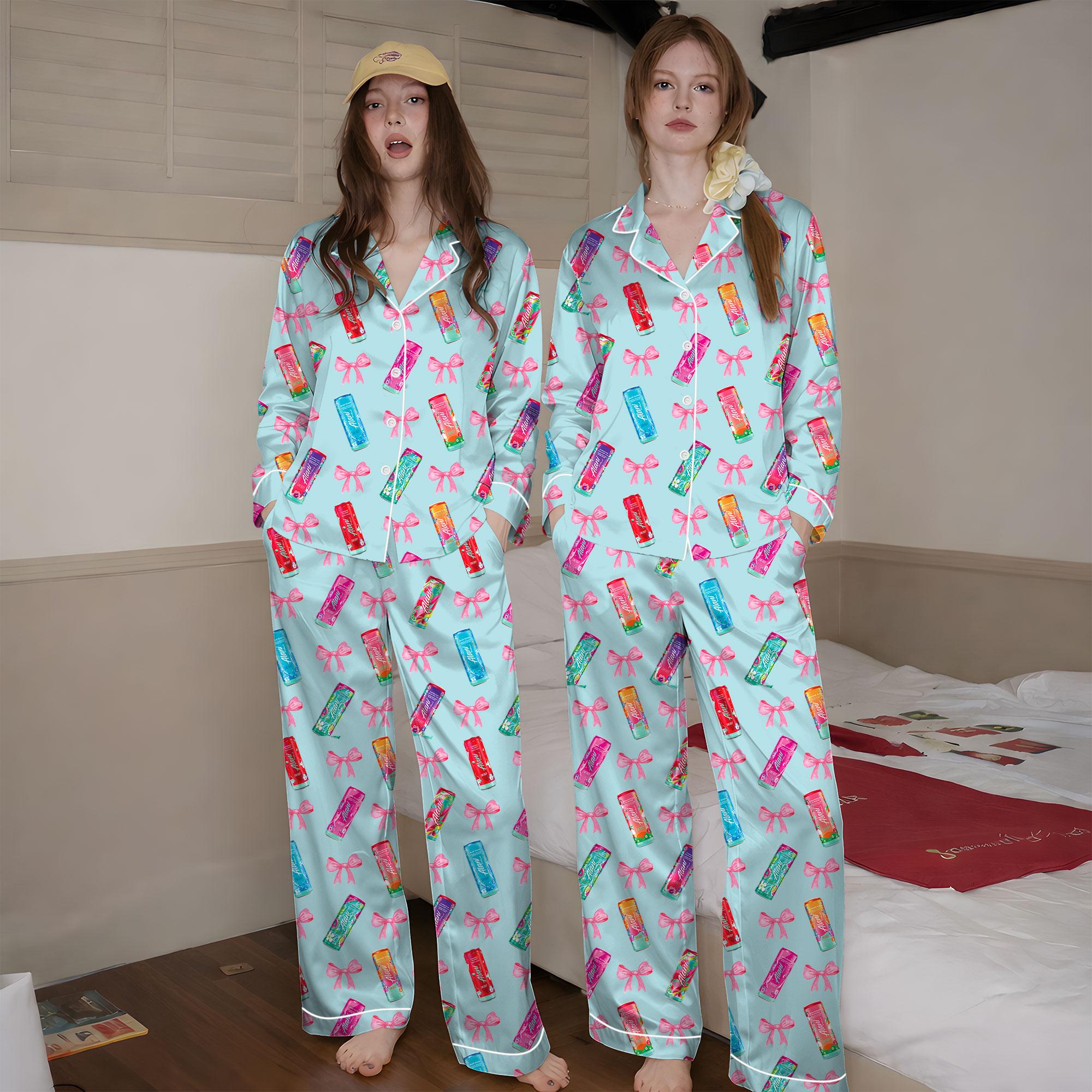 Energy Drink Satin Pajama Set for Women – Summer Drink Print Silky Button Up Sleepwear