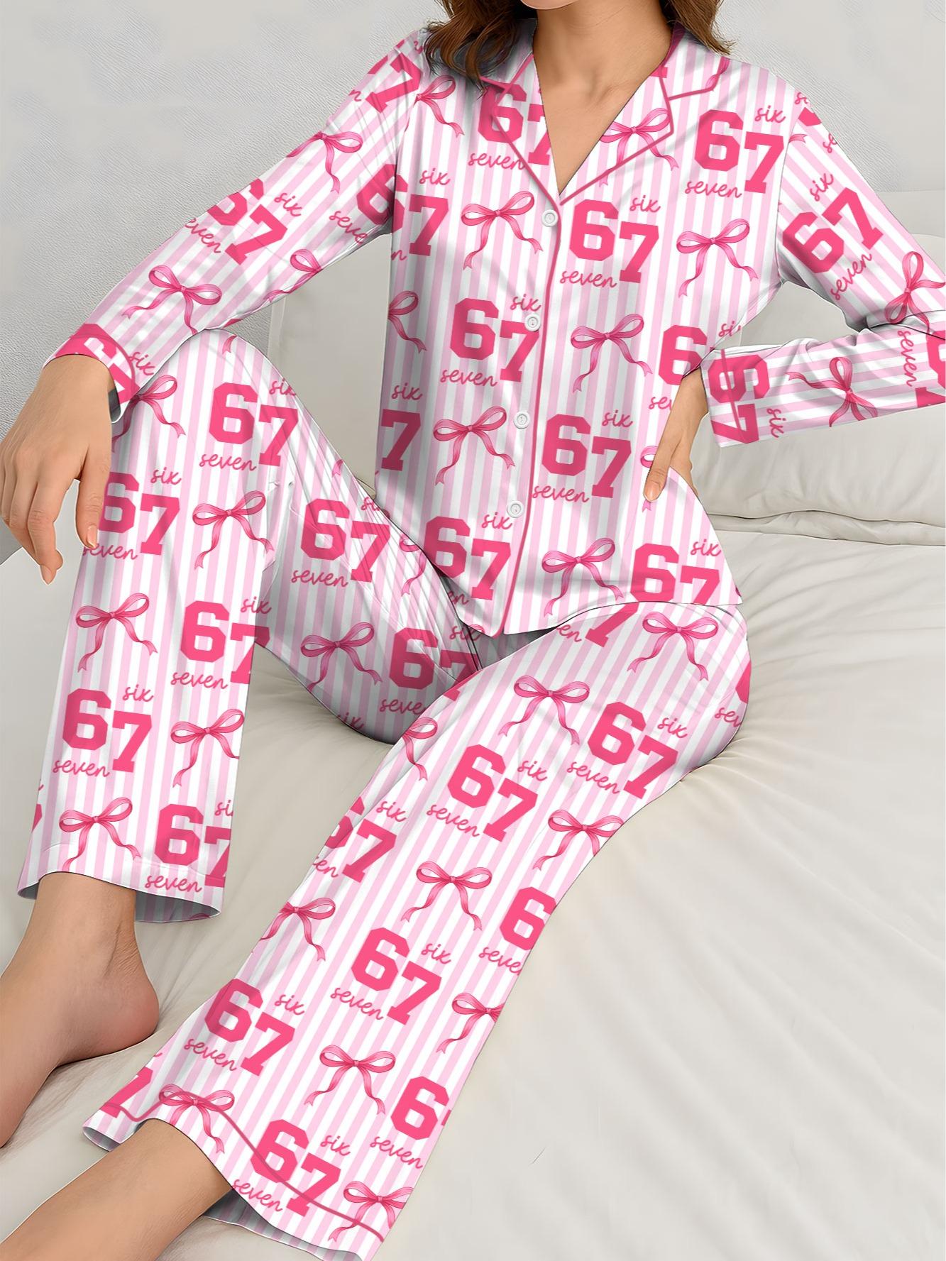 67 Meme Pajamas Set for Women, Pink Bow Six Seven Pajama Set, Funny TikTok Viral PJs, Cute Satin Long & Short Sleepwear