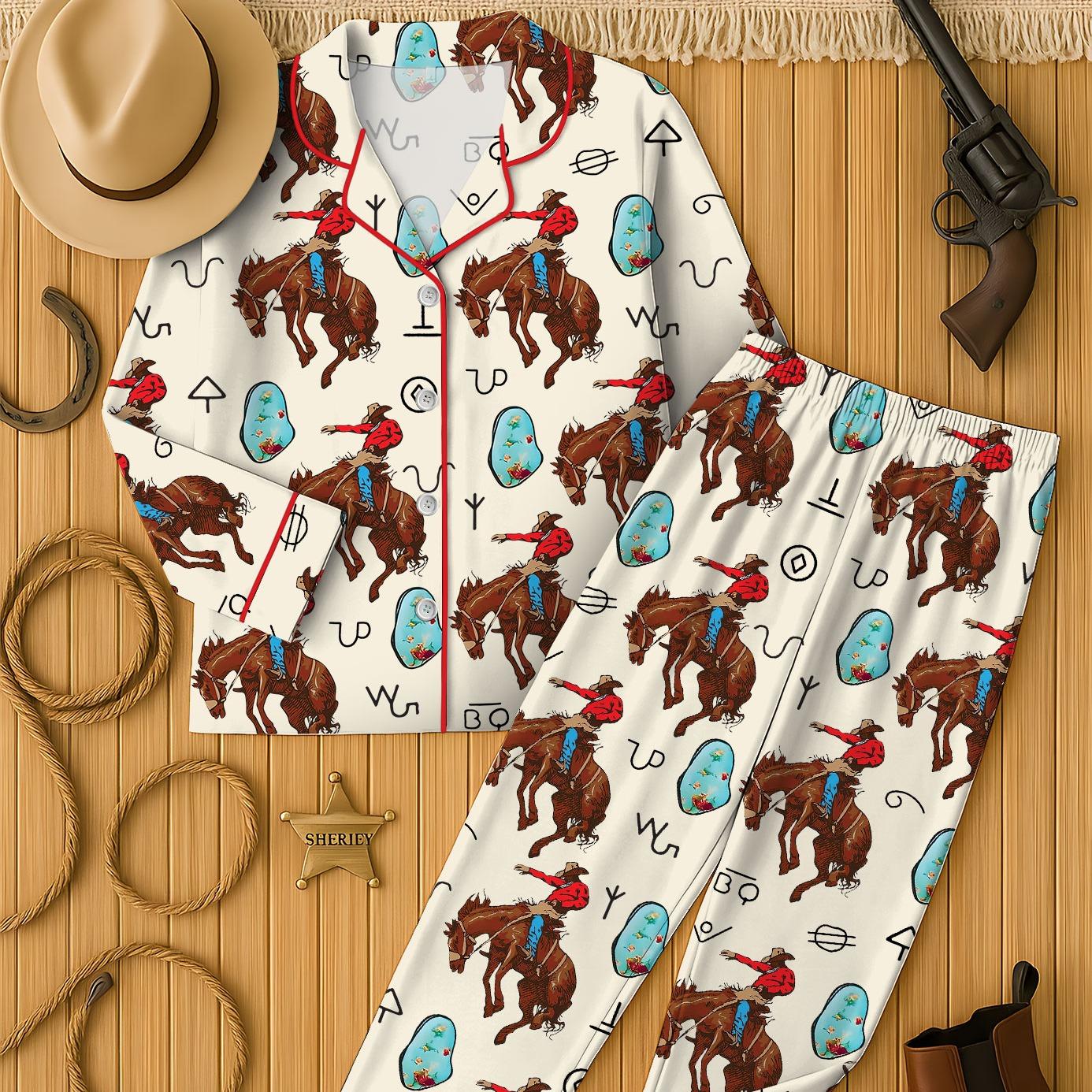 Women s Western Cowboy Cowgirl Horse Riding Pajama Set - Long Sleeve Comfort for Equestrian Style Satin Sleepwear