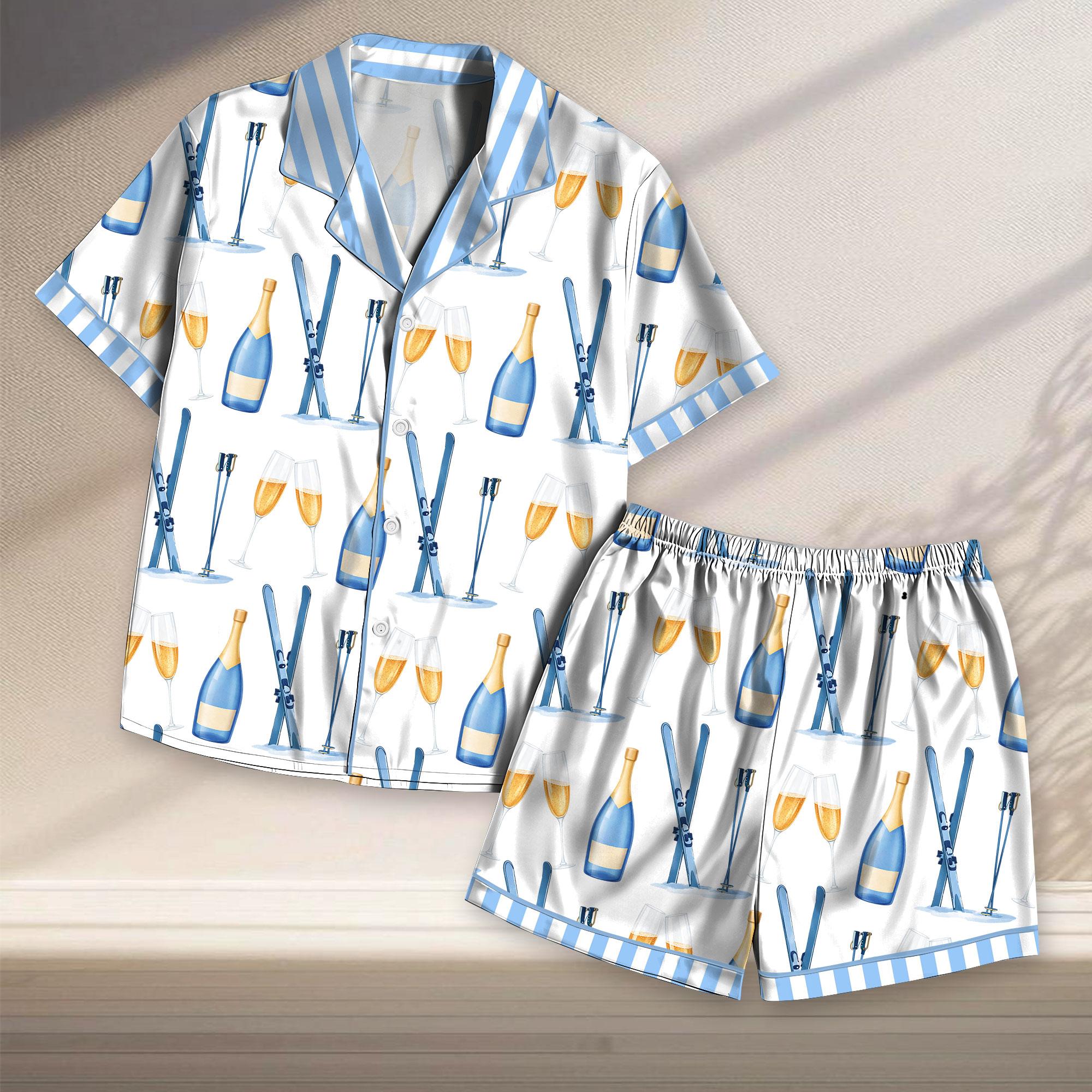 Apres Ski Champagne Pattern Satin Pajama Set For Women Long Lounge Set Sleepwear, Pajamas Set For Women , Champagne And Bows Wedding Pajamas