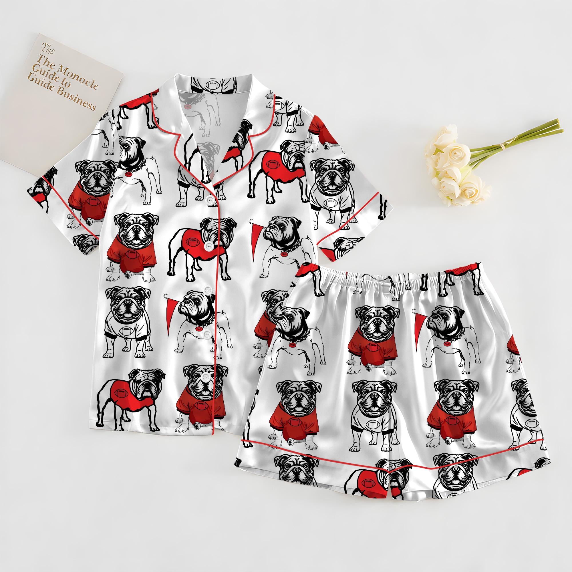 Bulldogs Football Satin Pajama Set, Pitbull Satin Pajamas Set, Women's Luxury Sleepwear