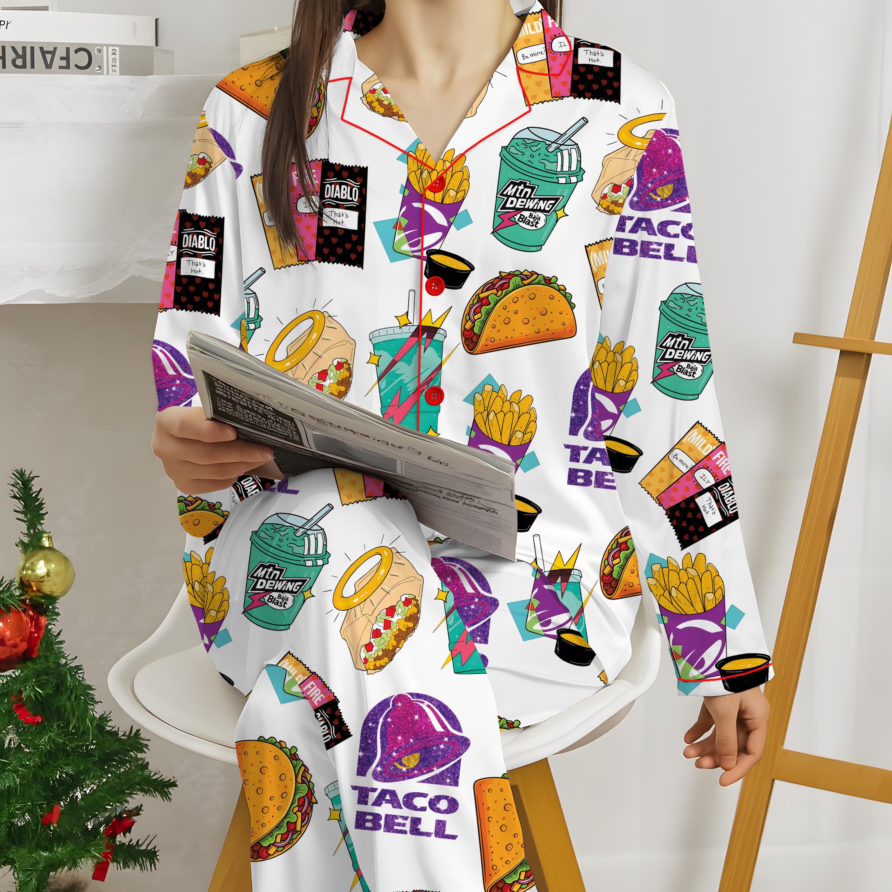 Taco Bell Short Satin Pajamas, Fast Food Print Sleepwear Set for Women, Silky Lounge Outfit, Fun Pajama Shorts, Taco Bell Fan Gifts