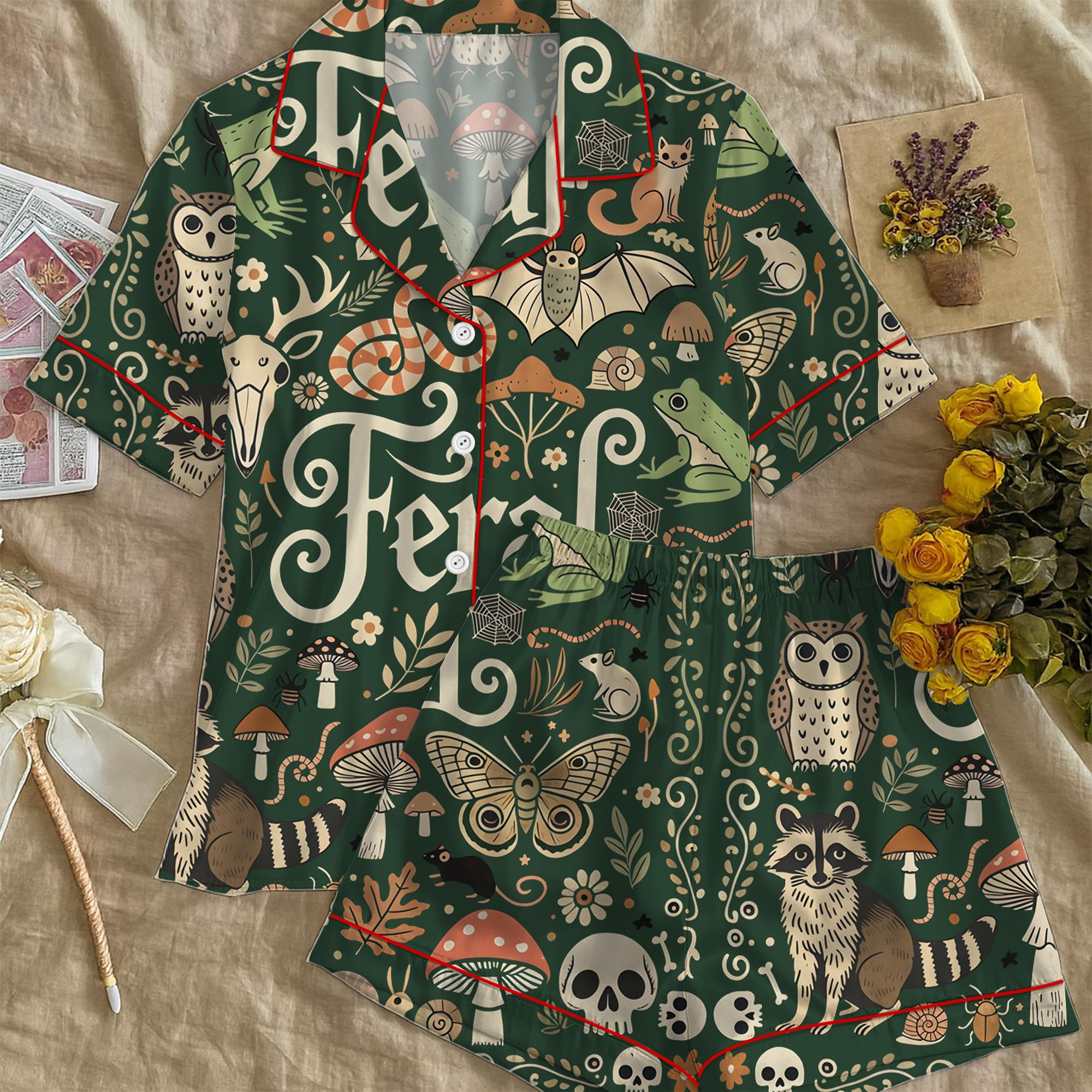 Feral Goblincore Cute Skeleton Moss & Raccoon Nature Lover Satin Pajama Set, Pajama Set Women’s Gifts For Her Feral Goblincore Meme Funny