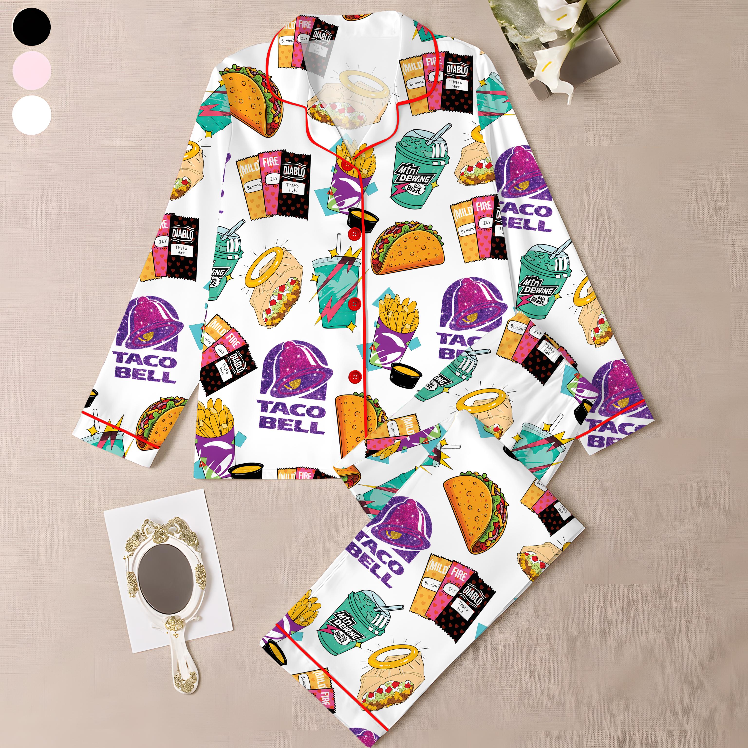 Taco Bell Short Satin Pajamas, Fast Food Print Sleepwear Set for Women, Silky Lounge Outfit, Fun Pajama Shorts, Taco Bell Fan Gifts