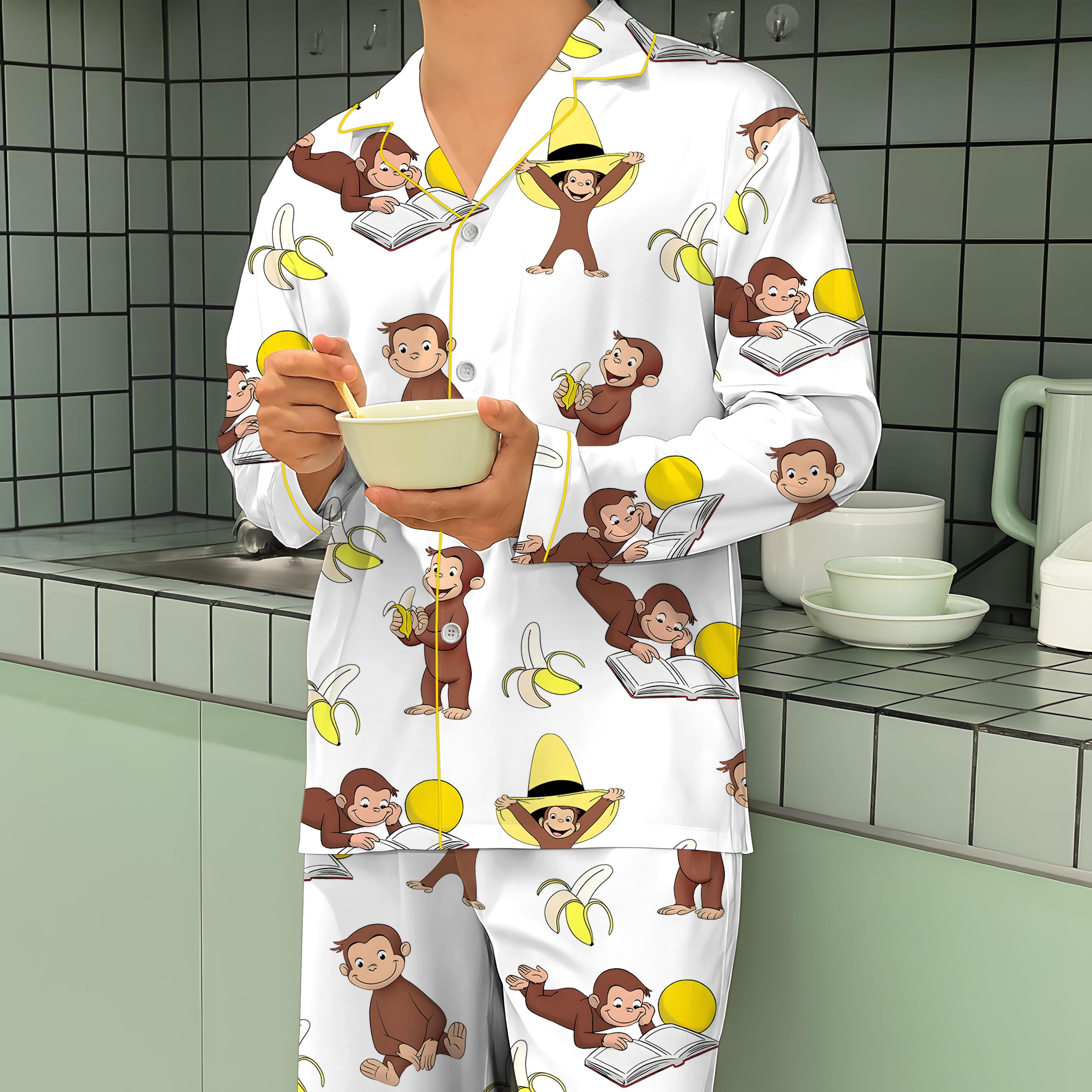 Women's Monkey Banana Print Pajama Set , Cute Monkey & Banana All-Over Print Lapel Collar Button-Front Shirt & Elastic Waist Pants, All-Season Sleepwear