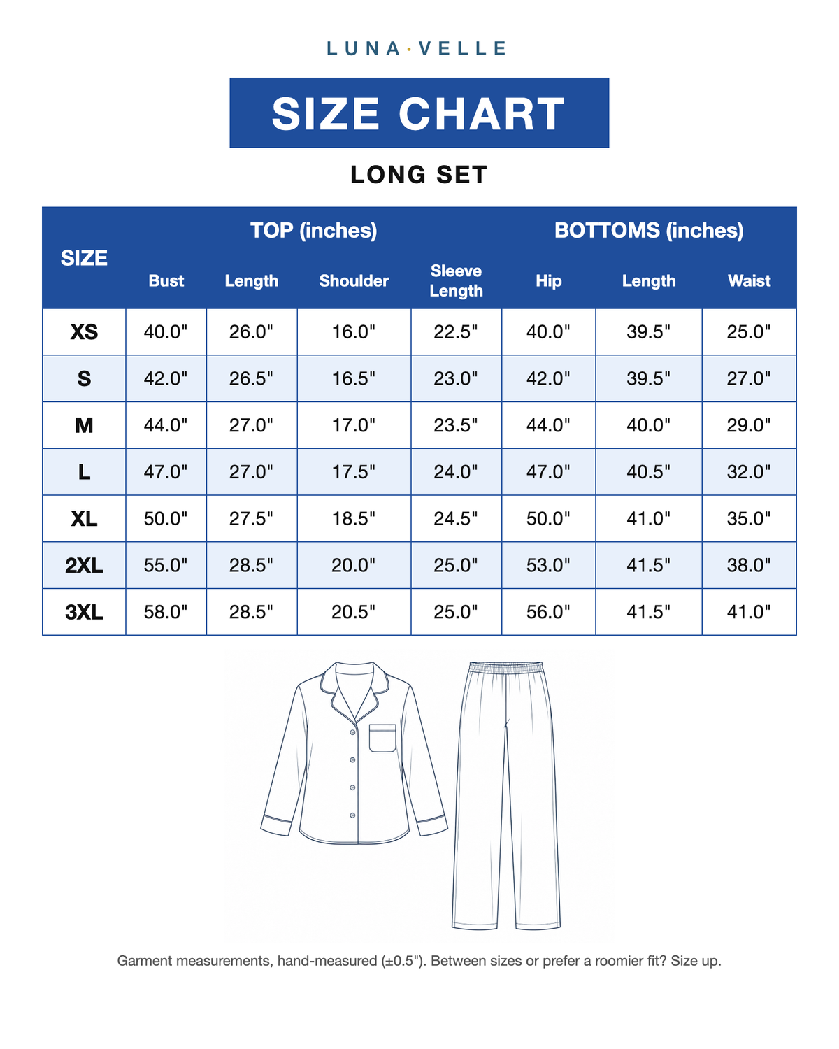 Lunavelle long pajama set size chart XS–3XL — garment measurements in inches