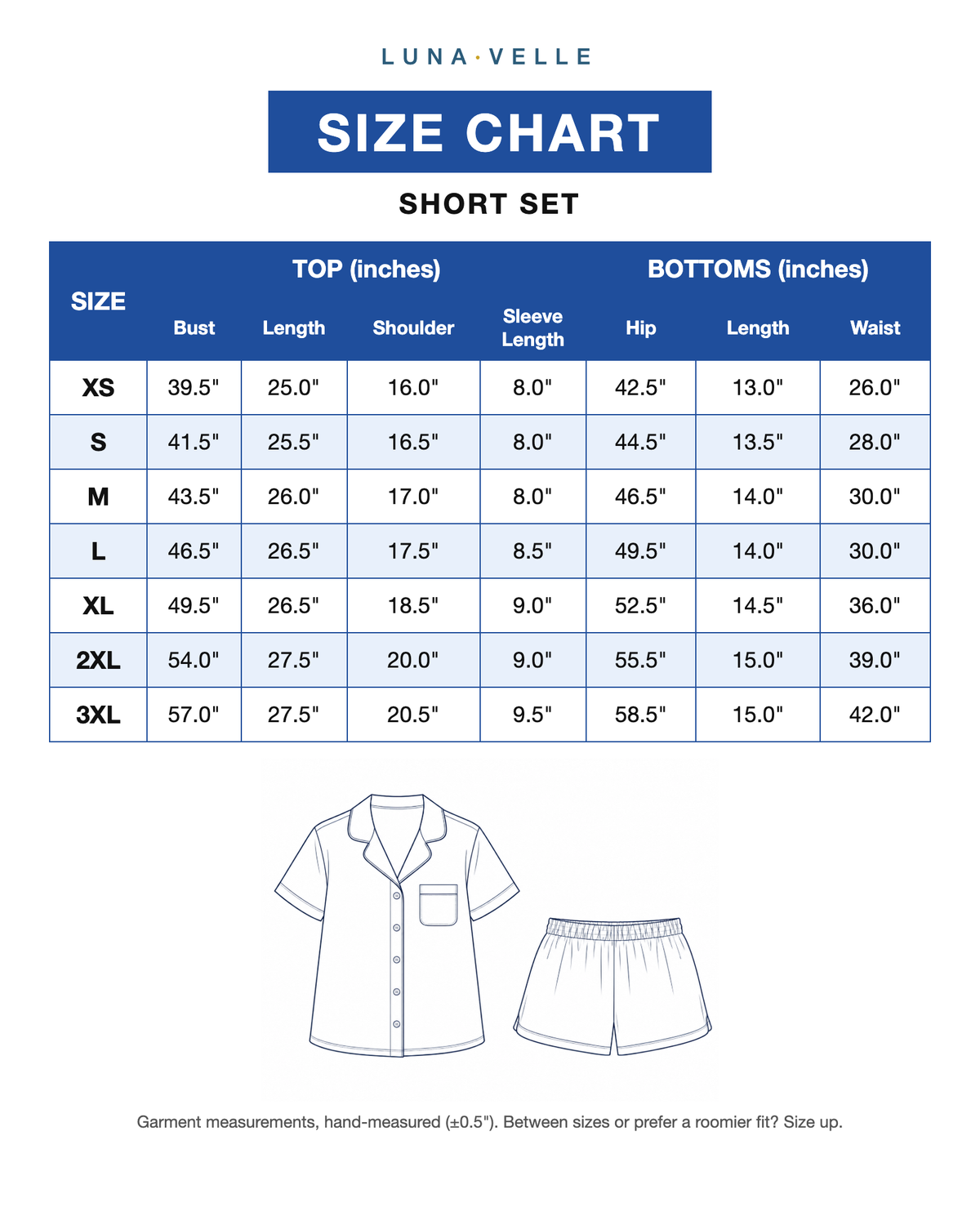 Lunavelle short pajama set size chart XS–3XL — garment measurements in inches