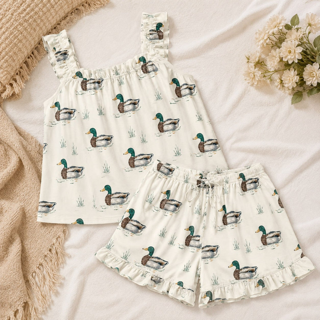 Women's Mallard Duck Print Pajama Set – Ruffle Sleeveless Top & Shorts Sleepwear