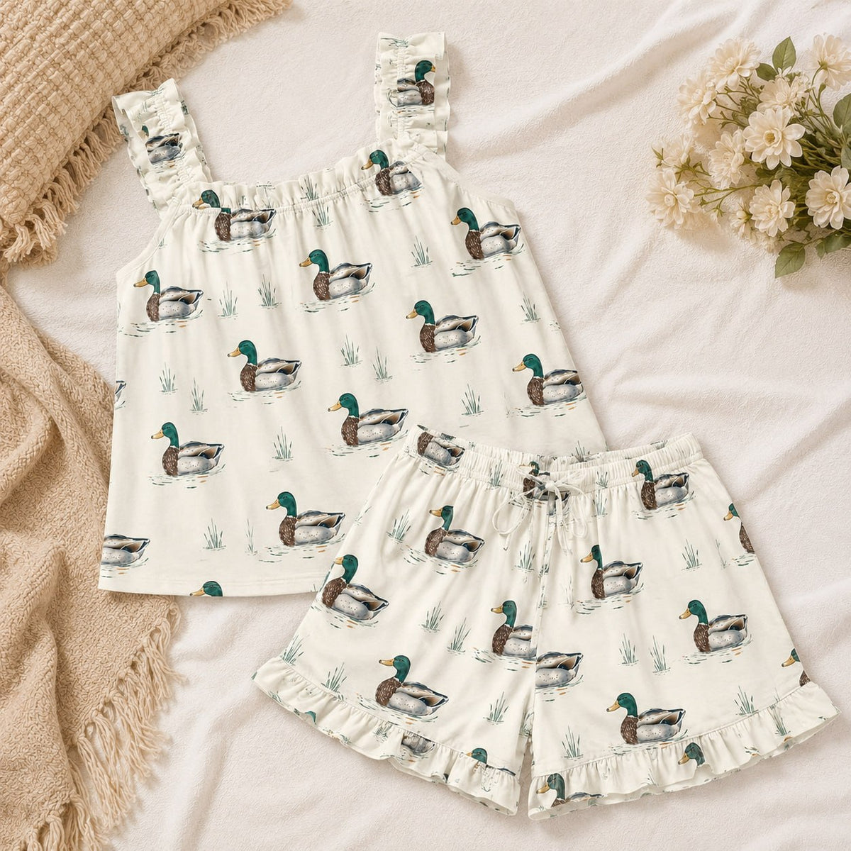 Women's Mallard Duck Print Pajama Set – Ruffle Sleeveless Top & Shorts Sleepwear