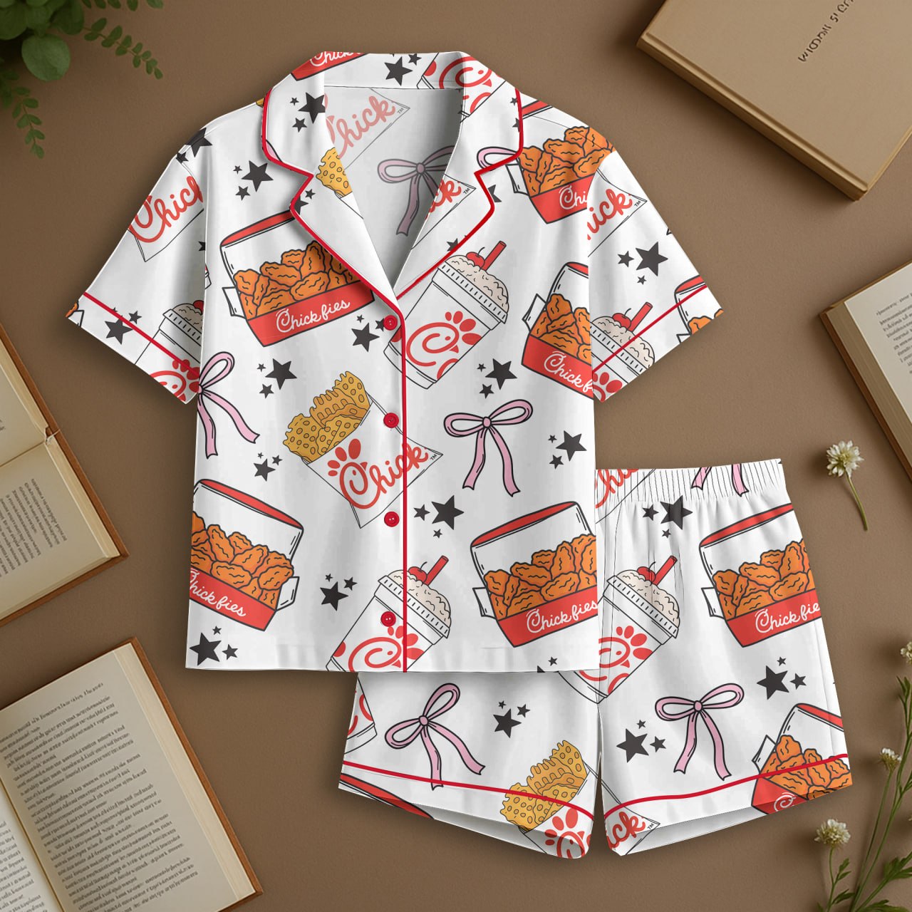 Chicken Nuggets Coquette Satin Pajamas for Women ,Funny Cute Chicken Sleepwear, Comfy Satin Lounge Set for Holiday Gift