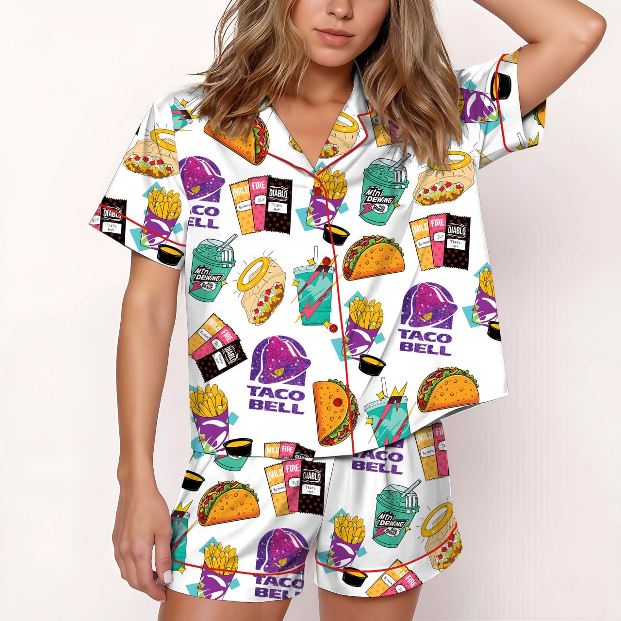Taco Bell Short Satin Pajamas, Fast Food Print Sleepwear Set for Women, Silky Lounge Outfit, Fun Pajama Shorts, Taco Bell Fan Gifts