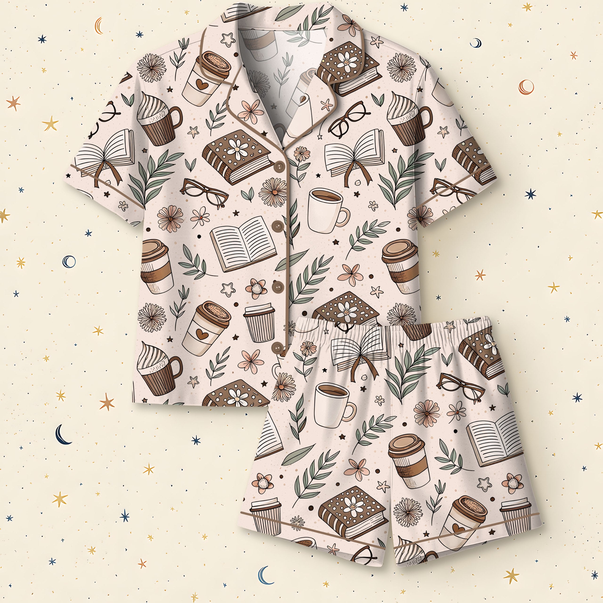 Women’s Coffee & Book Print Pajama Set Short Sleeve Button Down V-Neck Sleepwear